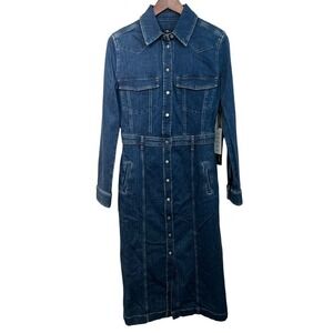 7FAM Luxe Denim Button Down Dress M Italian Fabric Long Sleeve Western NWT‎